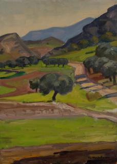 Attic Landscape with Olive Tree in Center — Oil painting, Canvas, 33.00×46.00cm — Theodoros Markellos